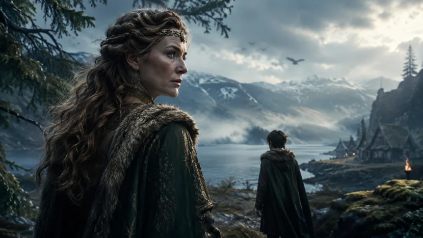Laufey, mãe de Loki, em uma cena inspirada na mitologia nórdica