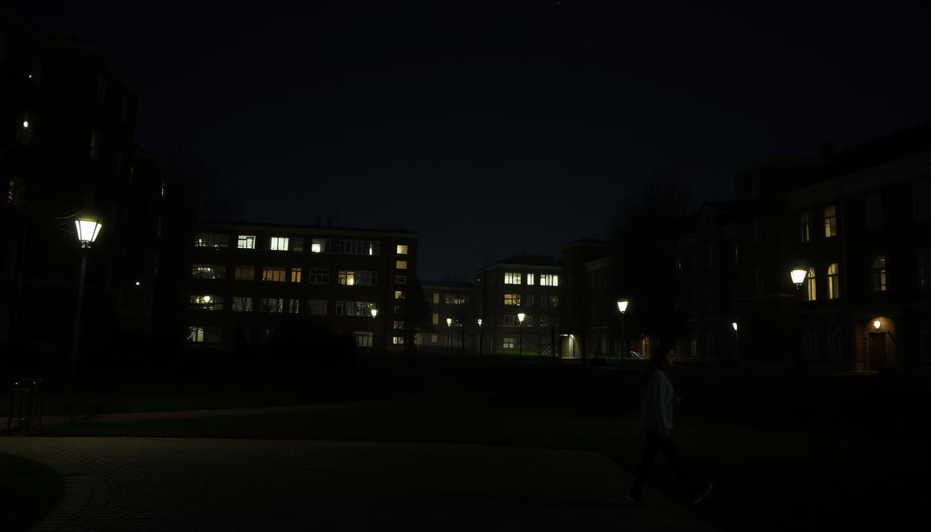 A dimly lit university campus at night, with a serene, contemplative atmosphere. In the foreground, a lone student walks across a cobblestone path, their silhouette illuminated by the soft glow of streetlamps. In the middle ground, several multi-story academic buildings stand tall, their windows emitting a warm, inviting light. The background is shrouded in a veil of darkness, save for the distant twinkling of stars in the night sky. The scene evokes a sense of focused study, introspection, and the pursuit of knowledge.