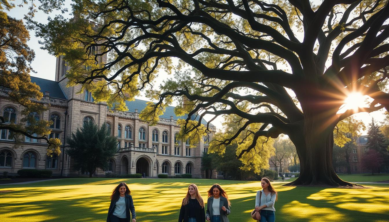 A serene university campus nestled in a lush, verdant landscape. The stately, neo-gothic architecture of the main building commands attention, its weathered stone facade and towering spires casting long shadows across the manicured lawn. In the foreground, a group of students leisurely stroll, deep in contemplative conversation, their faces alight with the promise of knowledge and self-discovery. Dappled sunlight filters through the canopy of ancient oak trees, casting a warm, golden glow over the scene. The overall atmosphere evokes a sense of intellectual pursuit, personal growth, and the transformative power of higher education.