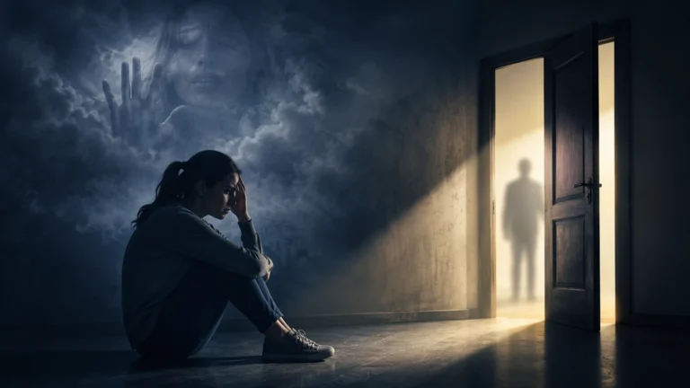 O que significa sonhar com estupro? Descubra seu subconsciente Pessoa em cenário onírico observando uma luz brilhante, simbolizando emoções, vulnerabilidade e o significado psicológico de sonhar com estupro.