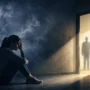 Pessoa em cenário onírico observando uma luz brilhante, simbolizando emoções, vulnerabilidade e o significado psicológico de sonhar com estupro.