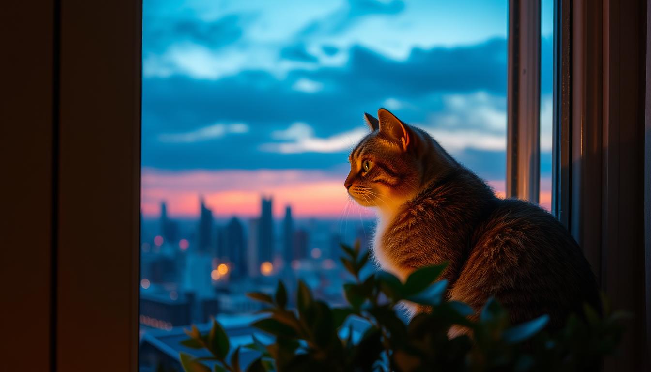 A serene feline perched on a windowsill, gazing out at a twilight cityscape, its eyes reflecting the warm, dusky hues of the sky. The cat's fur glistens softly under the gentle, diffused lighting, capturing a sense of tranquility and introspection. In the middle ground, a lush, leafy plant frames the scene, adding a touch of natural elegance. The background features the silhouettes of distant skyscrapers, creating a harmonious blend of urban and natural elements. The overall mood evokes a contemplative, dreamlike quality, inviting the viewer to ponder the significance of the cat's gaze and its connection to the surrounding environment.
