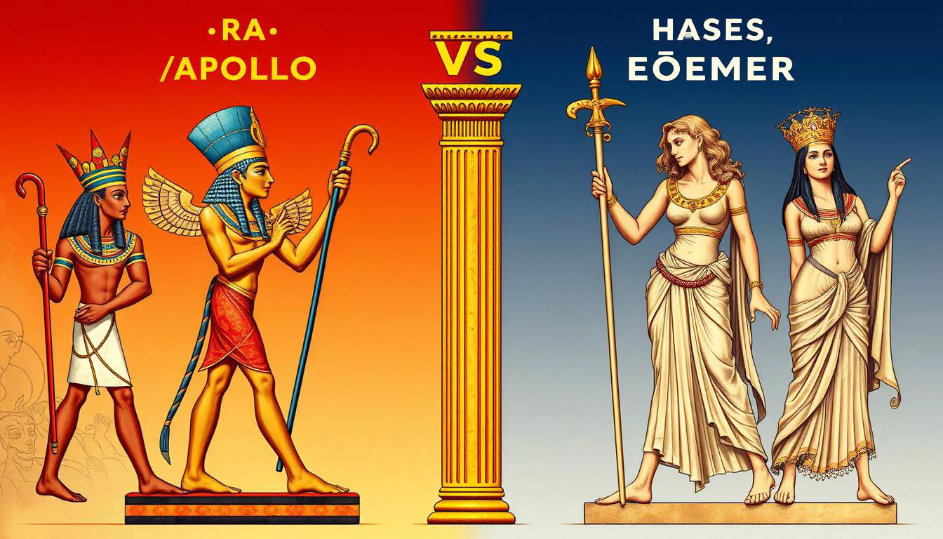 Comparação visual entre deuses da Mitologia Egípcia e deuses gregos