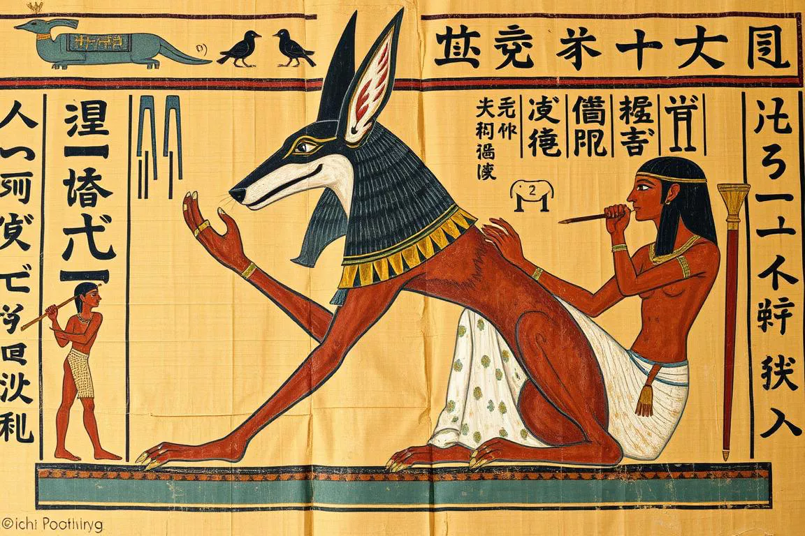 Imagem de Anúbis, deus com cabeça de chacal da Mitologia Egípcia, conduzindo ritual de mumificação