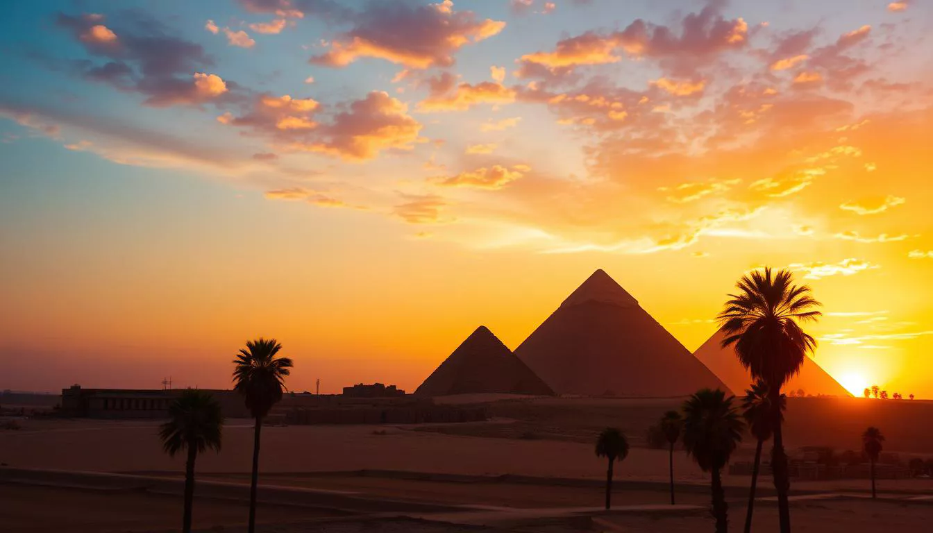 Pôr do sol sobre as pirâmides de Gizé, símbolo eterno da Mitologia Egípcia