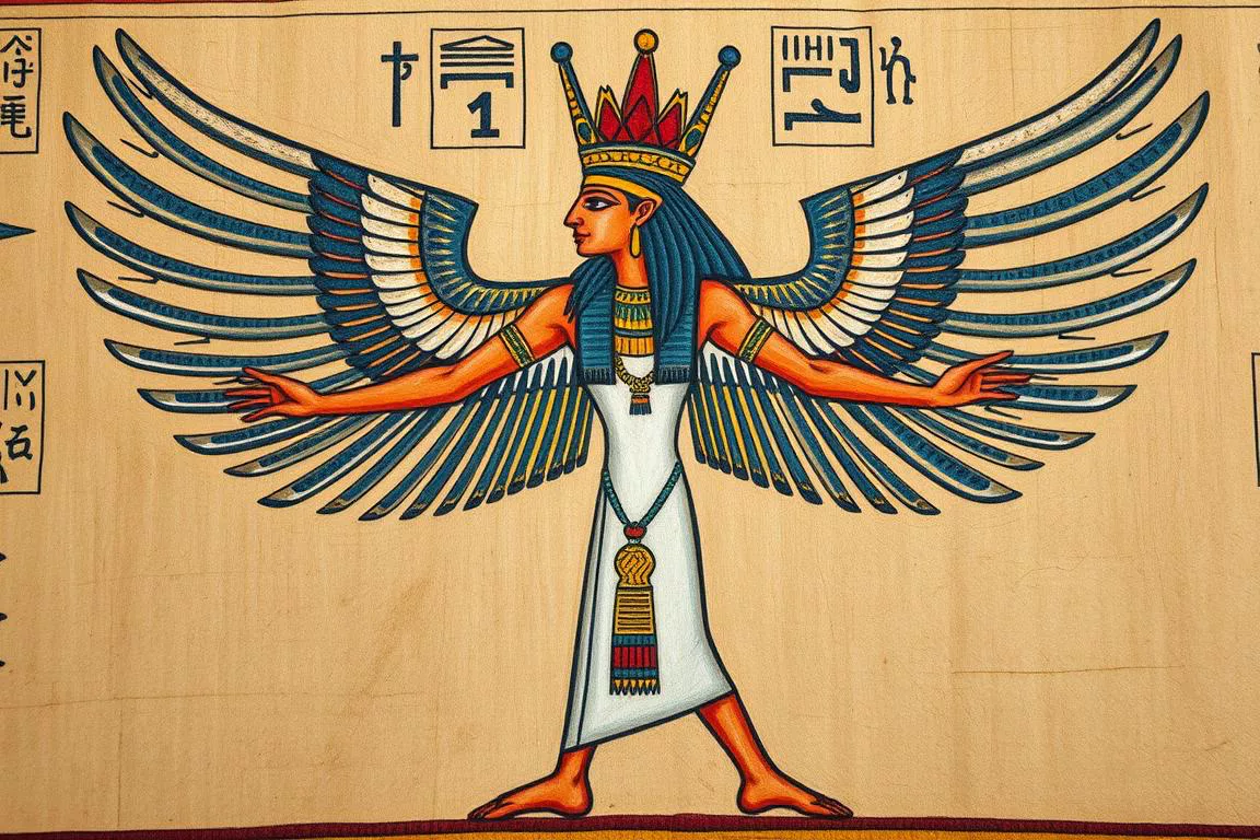 Representação da deusa Ísis com asas abertas, figura central na Mitologia Egípcia