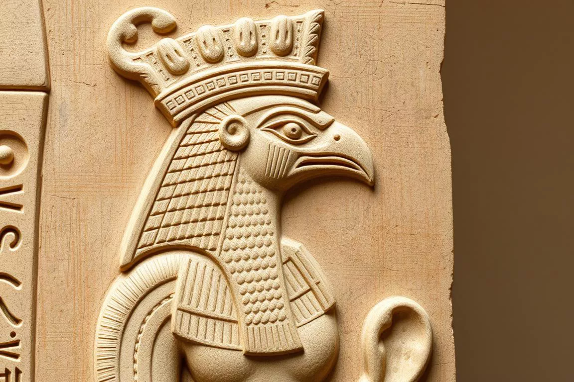 Representação de Hórus com cabeça de falcão, filho de Osíris e Ísis na Mitologia Egípcia