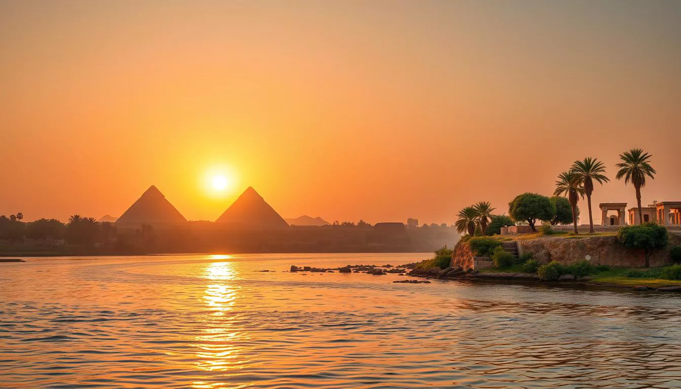 Representação do Rio Nilo e paisagem egípcia antiga, elemento central na Mitologia Egípcia