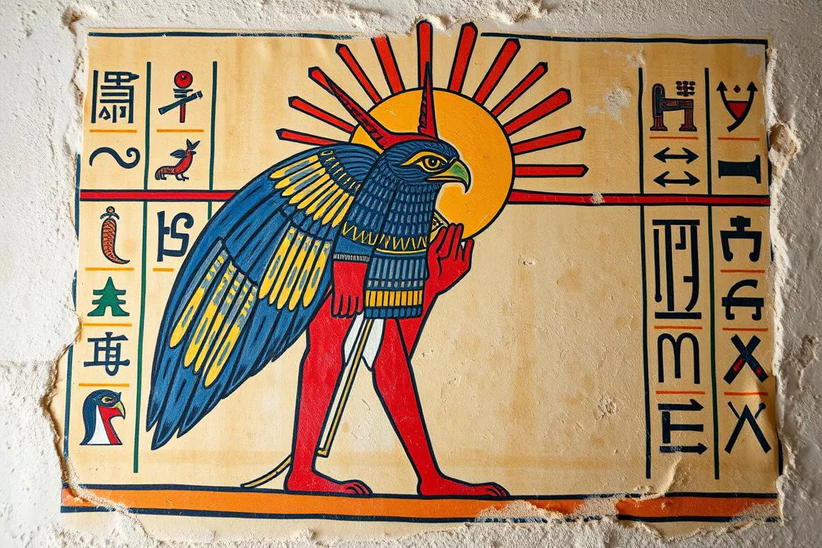 Representação do deus Rá com cabeça de falcão e disco solar, principal divindade da Mitologia Egípcia