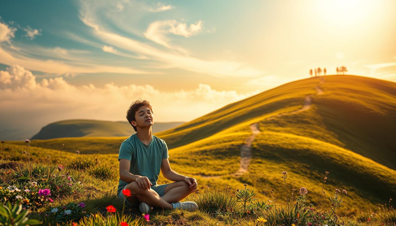A serene landscape of rolling hills, with a winding path leading up a lush green slope. Warm, golden sunlight filters through wispy clouds, casting a dreamy, ethereal glow over the scene. In the foreground, a young person sits cross-legged, eyes closed, their expression peaceful and reflective. Surrounding them, vibrant wildflowers and lush vegetation create a natural, meditative atmosphere. In the distance, the horizon is dotted with silhouettes of trees, hinting at the tranquility and wisdom that awaits those who ascend the metaphorical mountain of their dreams. The overall mood is one of introspection, growth, and the pursuit of personal enlightenment.