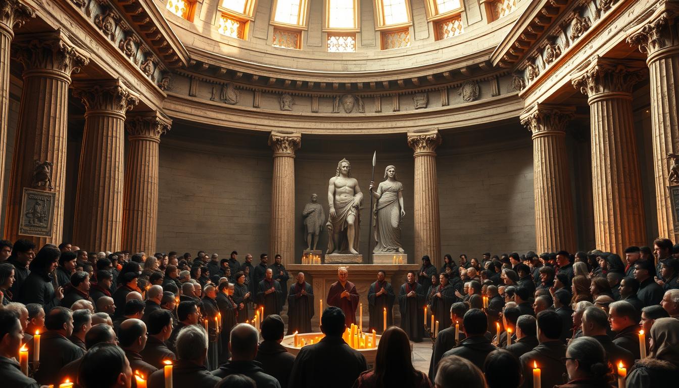 A solemn ceremony in the ancient Greek temple of Ares, the god of war. In the foreground, a group of robed worshippers gather around a central altar, their faces illuminated by the flickering flames of sacred candles. In the middle ground, large stone statues of Ares and his consort Aphrodite stand watch over the proceedings, their expressions stern and imposing. The background is filled with intricate architectural details - ornate columns, carved friezes, and a domed ceiling that filters in soft, warm lighting from high windows. The atmosphere is one of reverence and solemnity, as the devoted followers honor the mighty god of conflict and conquest.