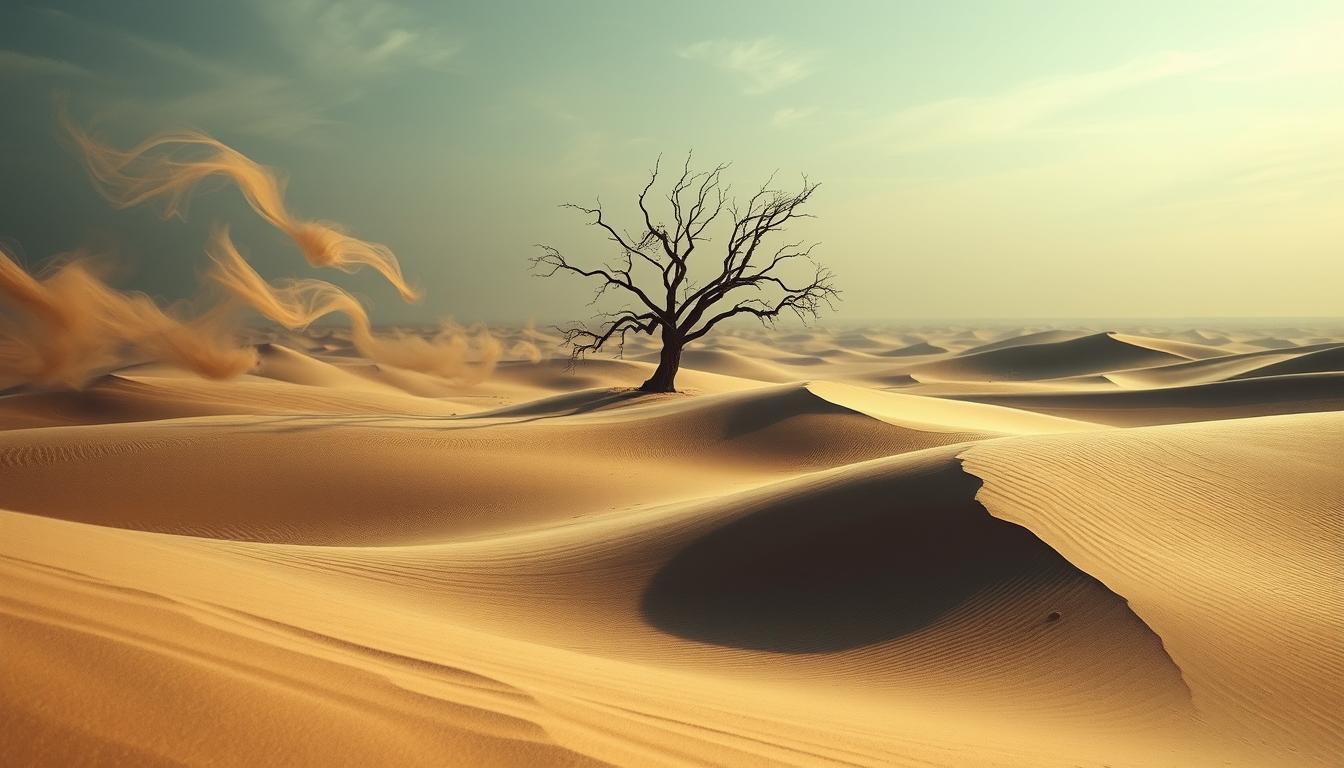 A surreal dreamscape where the wind and sand intertwine, evoking a sense of emotional turmoil. In the foreground, billowing sand dunes undulate like waves, their textures glistening under a moody, cinematic lighting. Amidst the dunes, wisps of wind swirl and dance, their ephemeral forms casting long, abstract shadows. The middle ground features a lone, weather-worn tree, its branches reaching skyward as if in anguish, contrasting the restless sand and air. In the distance, a horizon line blurs the boundary between earth and sky, creating a sense of boundless, introspective space. The overall atmosphere is one of psychological depth, capturing the essence of the subconscious and the symbolic interplay of nature's elemental forces.