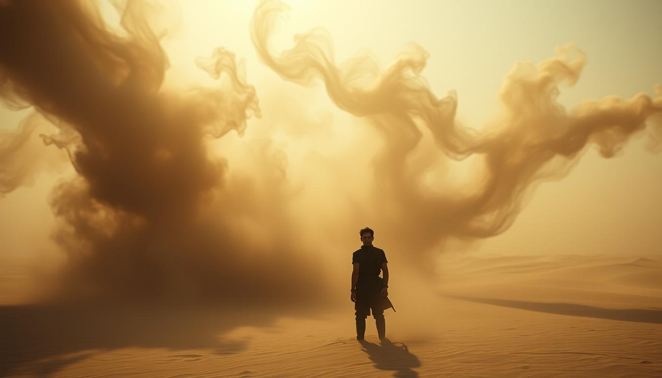 An emotional sand storm rages across a surreal dreamscape, with swirling winds and hazy light casting dramatic shadows. In the foreground, a lone figure stands resolute, their face etched with a mix of wonder and trepidation, as if grappling with the turbulent forces of the subconscious. The middle ground features wispy, abstract forms that suggest the blending of reality and fantasy, while the background is a muted, otherworldly horizon, hinting at the boundless depth of the dreamworld. Soft, muted tones and a cinematic, slightly desaturated palette evoke a sense of introspection and the complexity of emotional experiences in dreams.