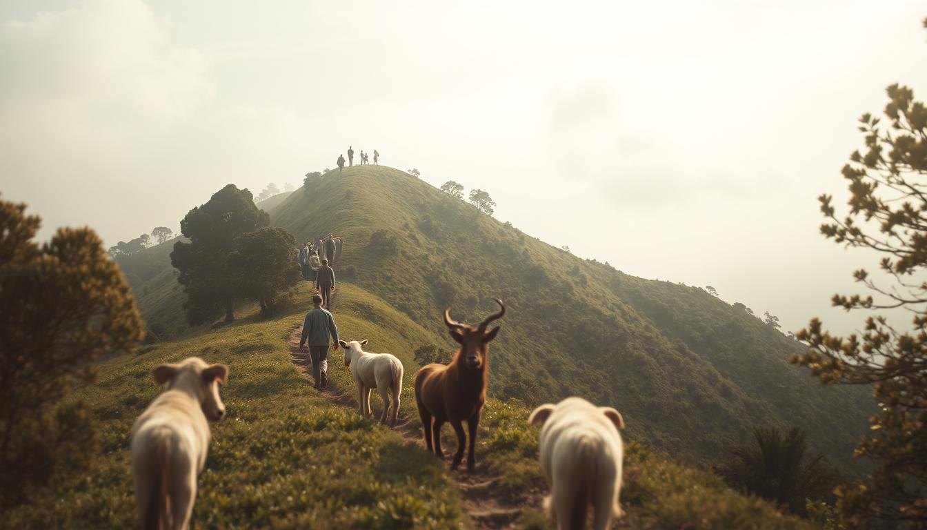 People and animals climbing a hill in dreams, seen through a mystical, dreamlike lens. In the foreground, a group of people and animals - perhaps a family, or a herd - steadily making their way up a winding, tree-lined path, their faces and forms slightly blurred, as if seen through a veil. The middle ground reveals the hill rising, its slopes covered in a lush, verdant carpet of vegetation, bathed in a warm, golden light. In the distance, the horizon is obscured by wispy, ethereal clouds, giving the scene a sense of the transcendent and the otherworldly. The overall mood is one of serenity, determination, and a touch of the supernatural, as if the subjects are on a profound, transformative journey.