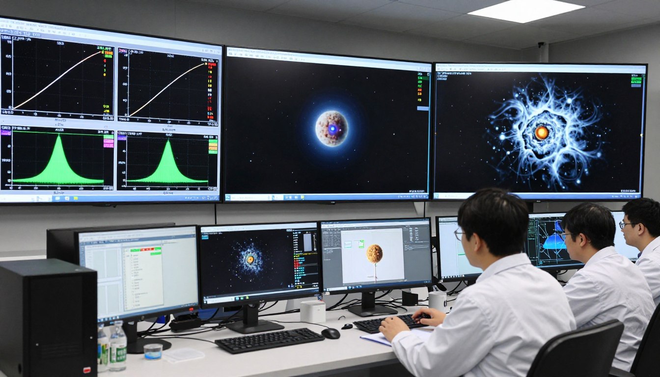 Cientistas analisando dados do cometa 3I/ATLAS em um centro de pesquisa astronômica