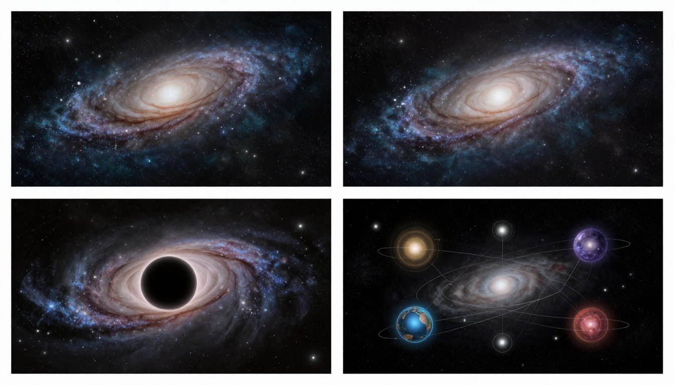 Colagem representando os grandes mistérios do Universo: matéria escura, energia escura, buracos negros e multiversos