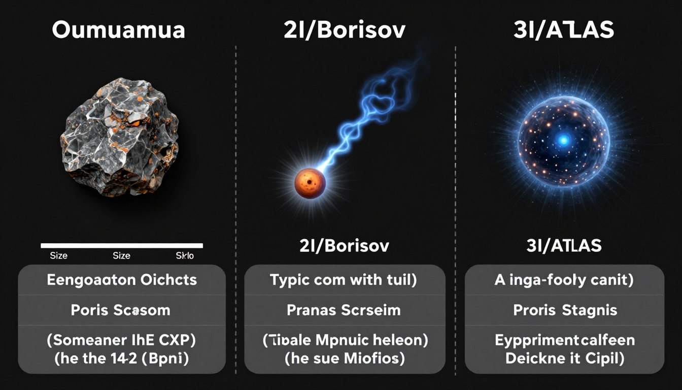 Comparação visual entre os três objetos interestelares conhecidos: 'Oumuamua, 2I/Borisov e 3I/ATLAS