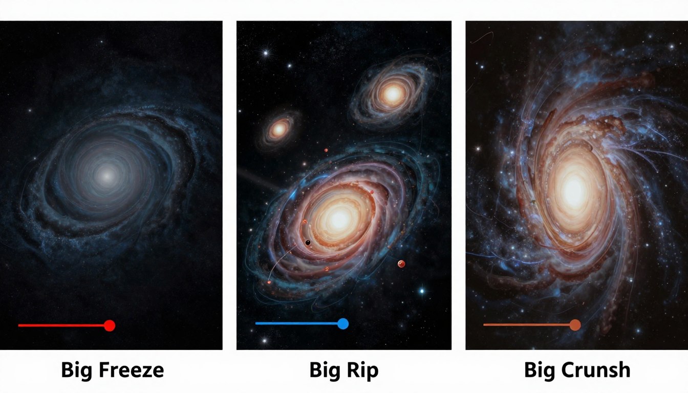 Ilustração dos possíveis cenários para o futuro do Universo: Big Freeze, Big Rip e Big Crunch