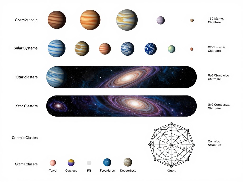 Ilustração mostrando a hierarquia cósmica desde planetas até a estrutura em larga escala do Universo
