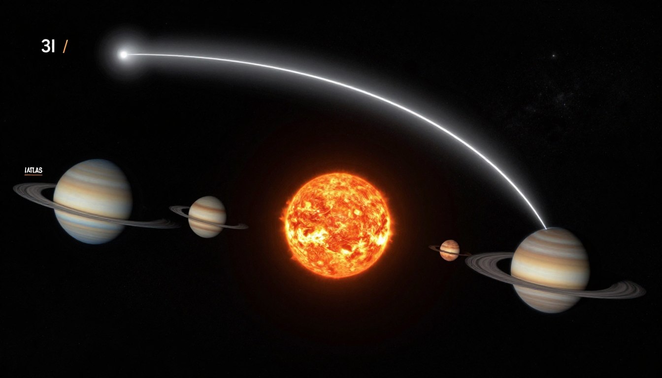 Imagem composta mostrando a trajetória do cometa 3I/ATLAS através do sistema solar