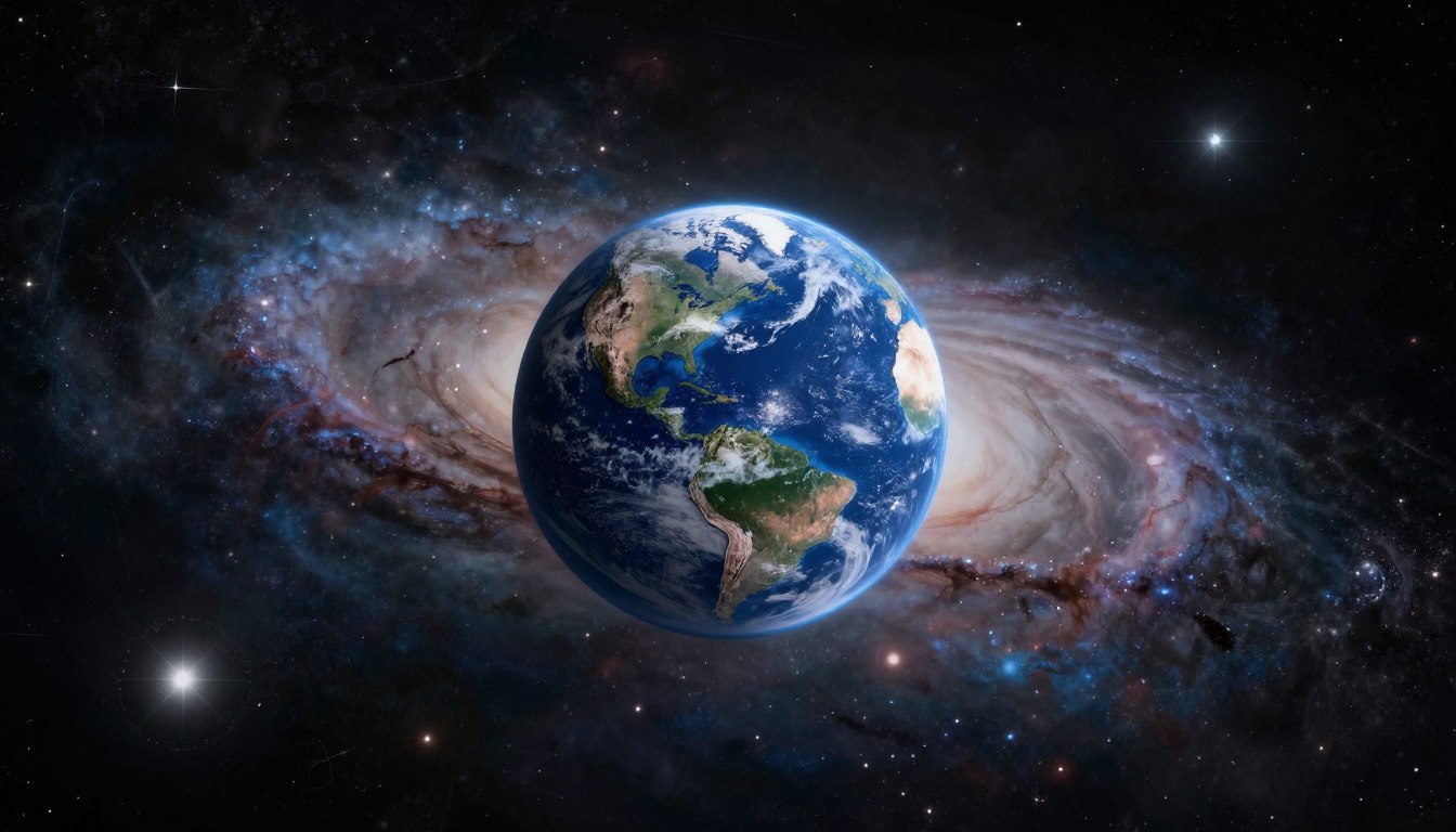 Imagem inspiradora da Terra vista do espaço com o Universo ao fundo, simbolizando nosso lugar no cosmos