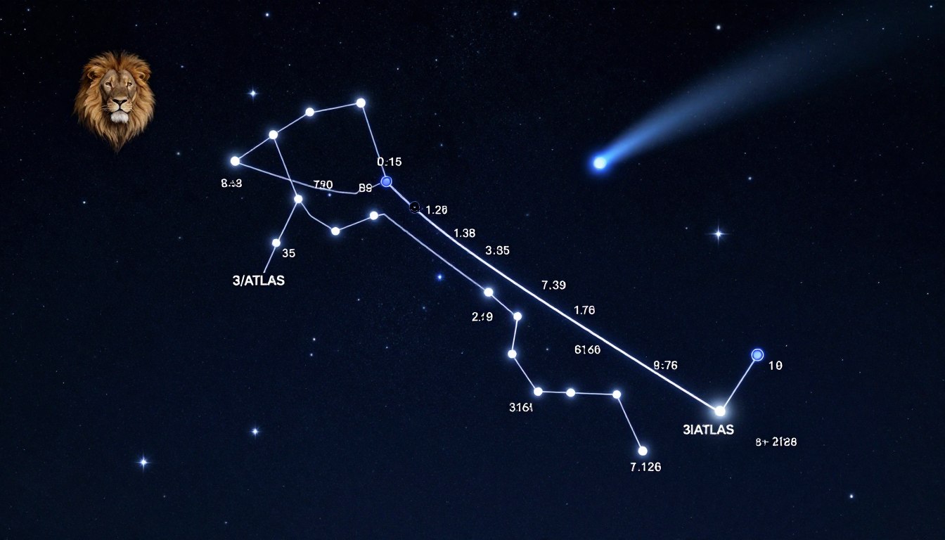 Mapa celeste mostrando a localização do cometa 3I/ATLAS na constelação de Leo em dezembro de 2025