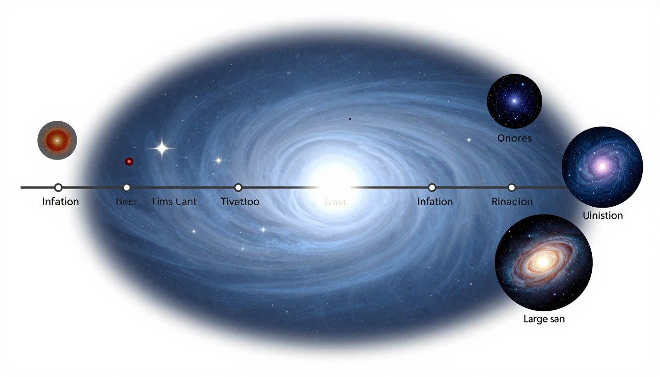 Representação artística da evolução do Universo desde o Big Bang até a formação de galáxias