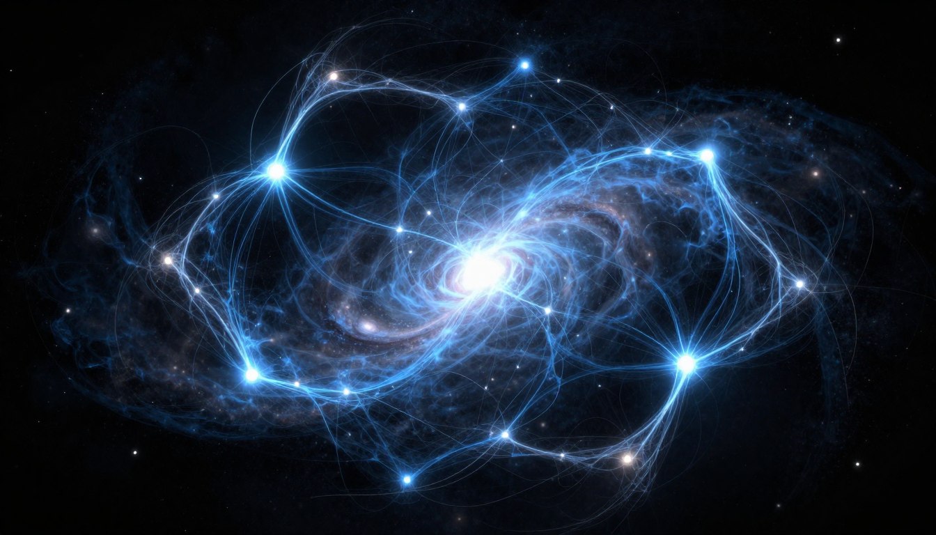 Simulação da estrutura em larga escala do Universo mostrando a teia cósmica de filamentos e vazios