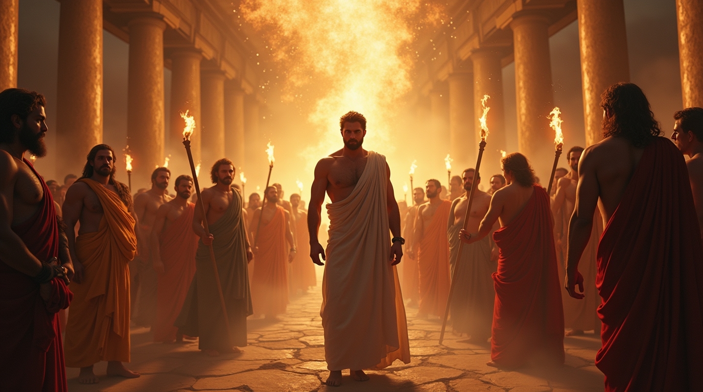 Acmão e personagens metamorfoseados na mitologia grega em cena épica de transformações divinas