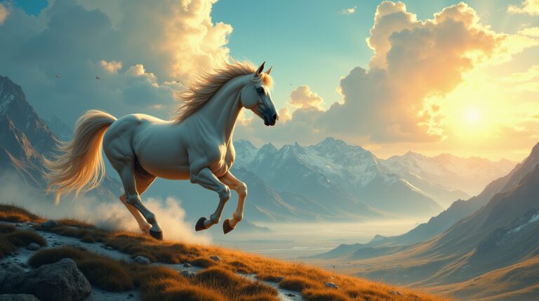 Alsviðr na mitologia nórdica: cavalo do sol em galopante sob os raios dourados do sol