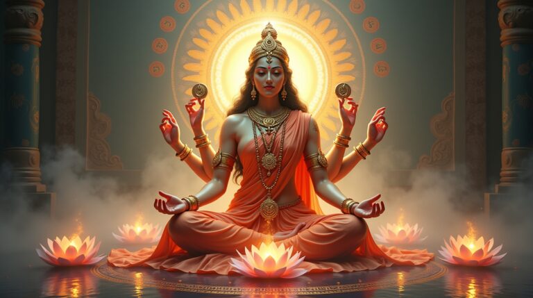 Antaryami na mitologia hindu: representação do Deus interno rodeado de símbolos sagrados