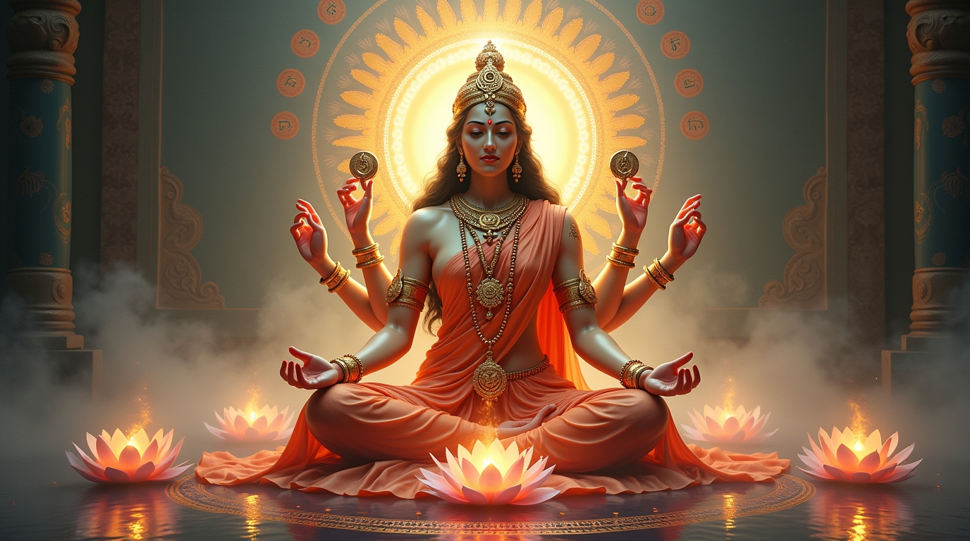 Antaryami na mitologia hindu: representação do Deus interno rodeado de símbolos sagrados