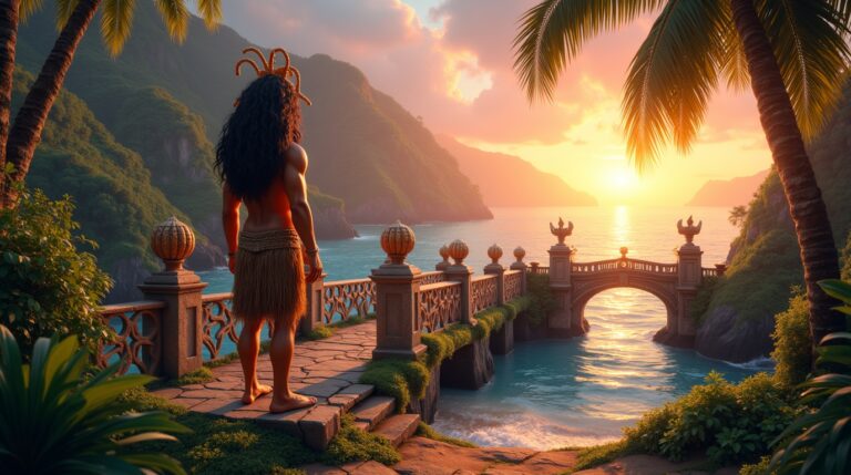 Atua da conexão espiritual na mitologia polinésia em uma ponte sagrada sobre o oceano