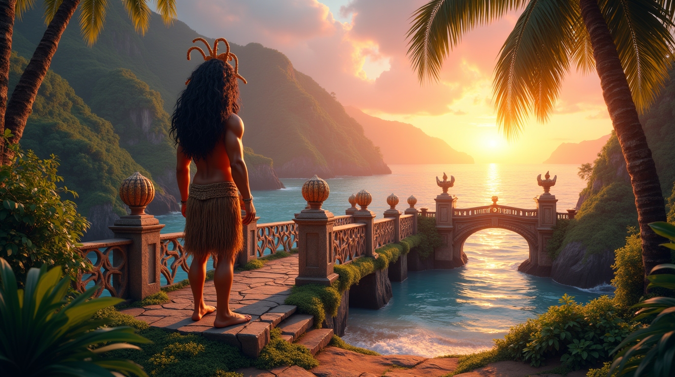 Atua da conexão espiritual na mitologia polinésia em uma ponte sagrada sobre o oceano