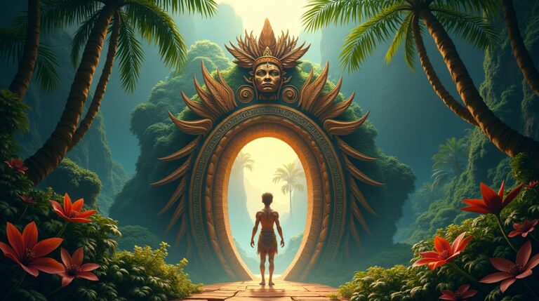 Atua dos portais espirituais na mitologia polinésia: Aitu em cena mística com natureza exuberante