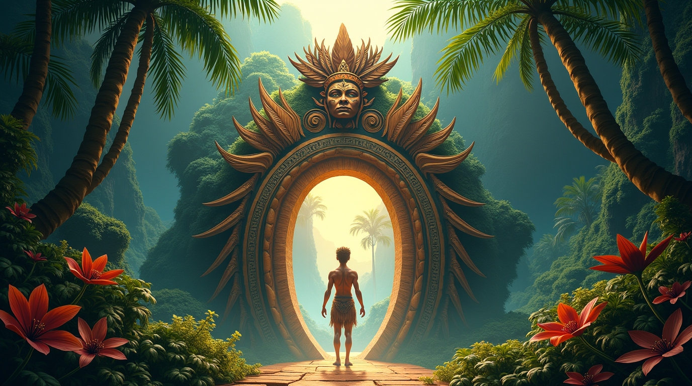 Atua dos portais espirituais na mitologia polinésia: Aitu em cena mística com natureza exuberante