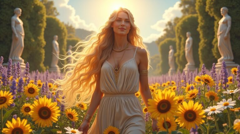 Auxo na mitologia grega: deusa do verão e do crescimento das plantas rodeada de flores e luz dourada