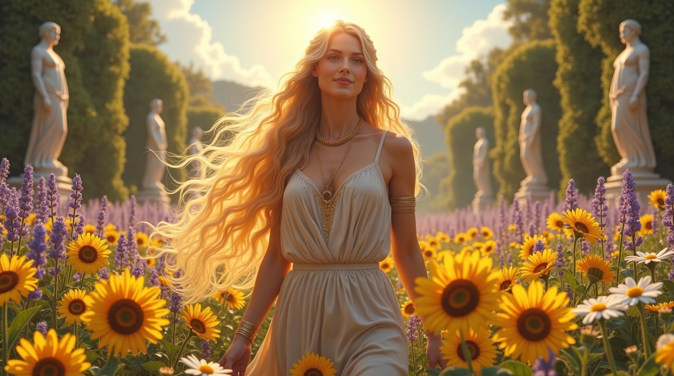 Auxo na mitologia grega: deusa do verão e do crescimento das plantas rodeada de flores e luz dourada