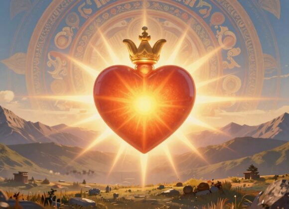 Bodhicitta na mitologia tibetana: coração de compaixão Bodhicitta na mitologia tibetana: coração radiante de compaixão em paisagem tibetana serena