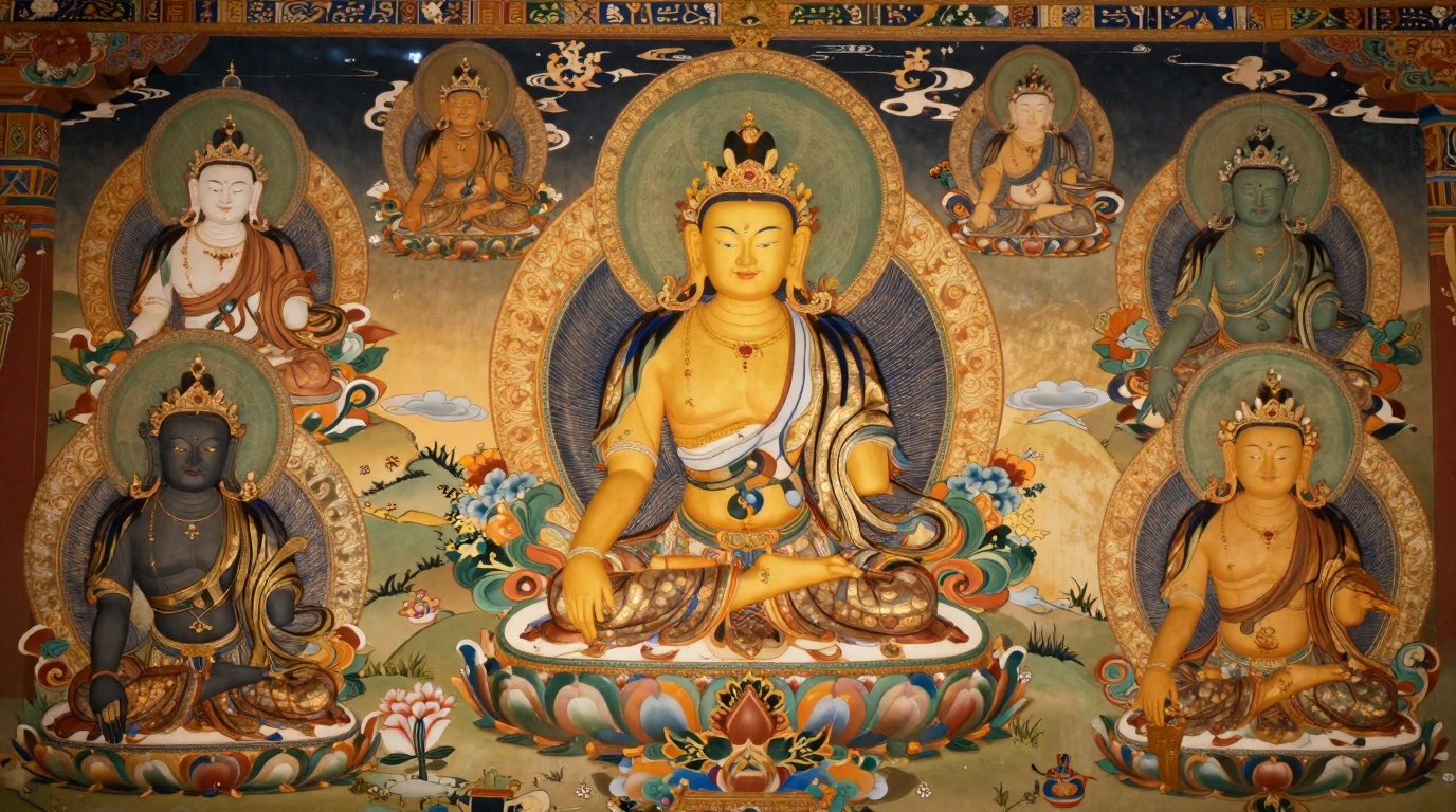 Bodisatvas tibetanos na mitologia tibetana: Símbolos e Mitos Bodisatvas tibetanos na mitologia tibetana com símbolos místicos e deidades em uma cena serena