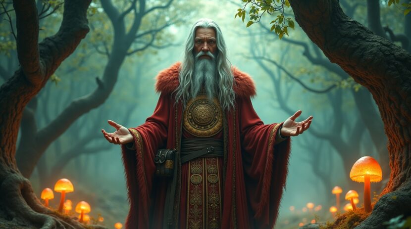 Caminho xamânico na mitologia eslava: Viagem e rituais Caminho xamânico na mitologia eslava: xamã eslavo realizando ritual em floresta encantada