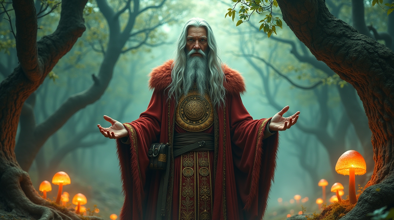 Caminho xamânico na mitologia eslava: xamã eslavo realizando ritual em floresta encantada