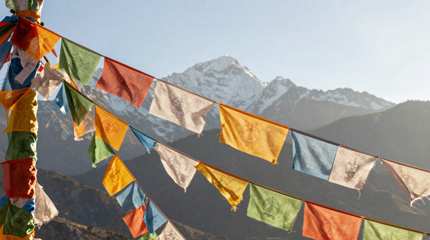 Cavalo do Vento nas bandeiras tibetanas: mito e símbolos Cavalo do Vento nas bandeiras tibetanas simbolizando proteção e liberdade em meio às montanhas do Himalaia