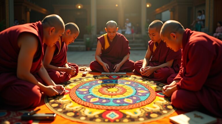 Cerimônia Sand Mandala na mitologia tibetana: Significado Cerimônia Sand Mandala na mitologia tibetana: monges tibetanos criando mandala de areia com simbolismo profundo