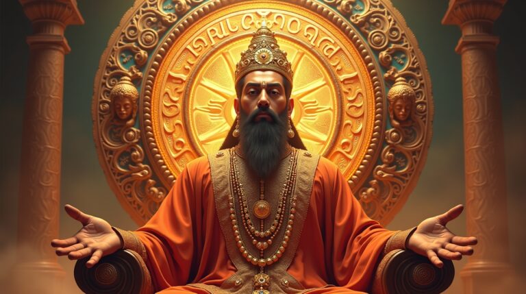 Chakravarti Samrat na mitologia hindu: o Rei da Roda Sagrada sentado em seu trono com o Dharmachakra atrás