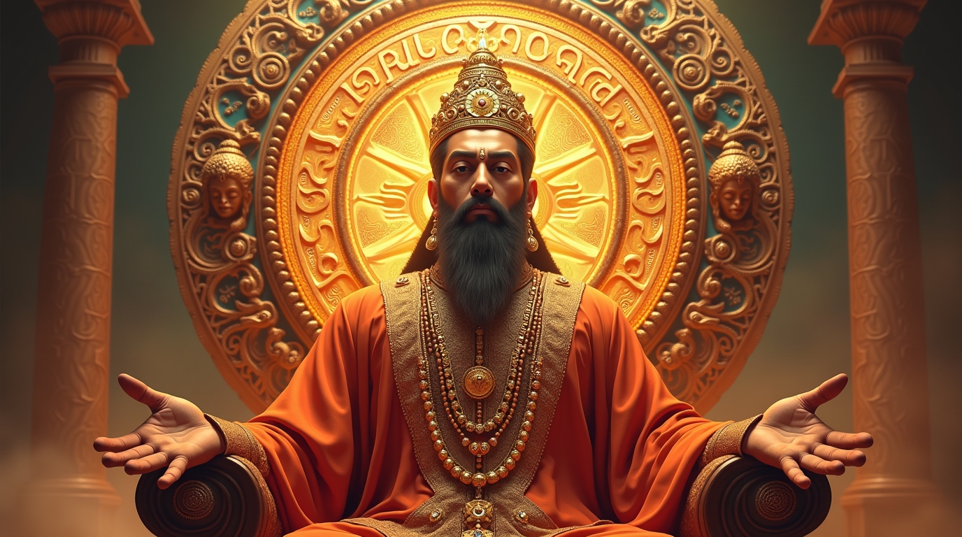 Chakravarti Samrat na mitologia hindu: o Rei da Roda Sagrada sentado em seu trono com o Dharmachakra atrás