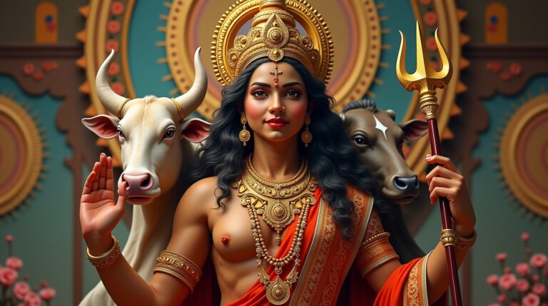 Dattatreya na mitologia hindu: divindade com símbolos como vaca e tridente em cena espiritual