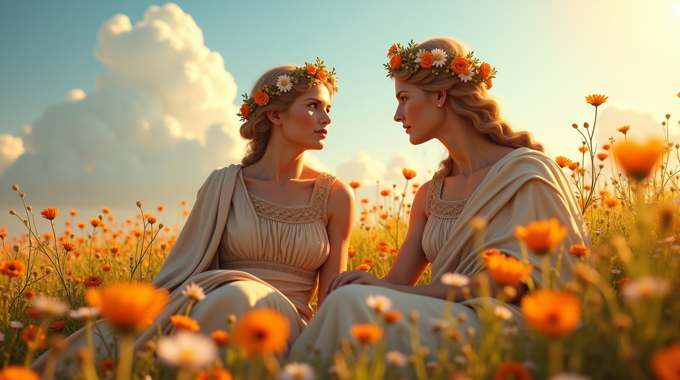 Ceres e Flora, deuses da fertilidade na mitologia romana, simbolizando abundância em um campo fértil