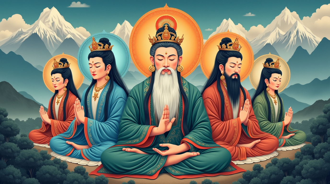 Deuses dos Quatro Elementos na Mitologia Tibetana: Origens Deuses dos Quatro Elementos na Mitologia Tibetana: deidades representando terra, água, fogo e ar em cenário tibetano