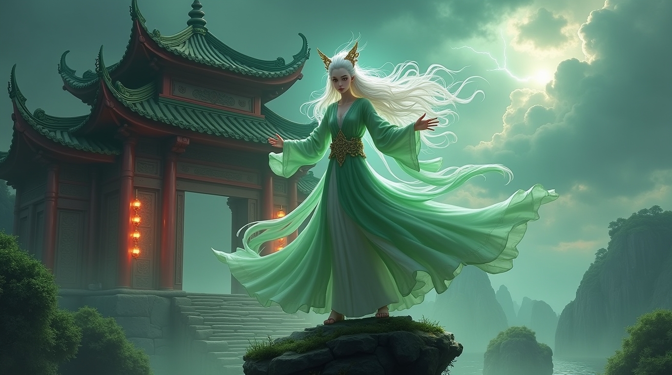 O Espírito da Tempestade na mitologia chinesa: Fei Lian Fei Lian, o Espírito da Tempestade na mitologia chinesa, evocando ventos e chuvas em um templo antigo